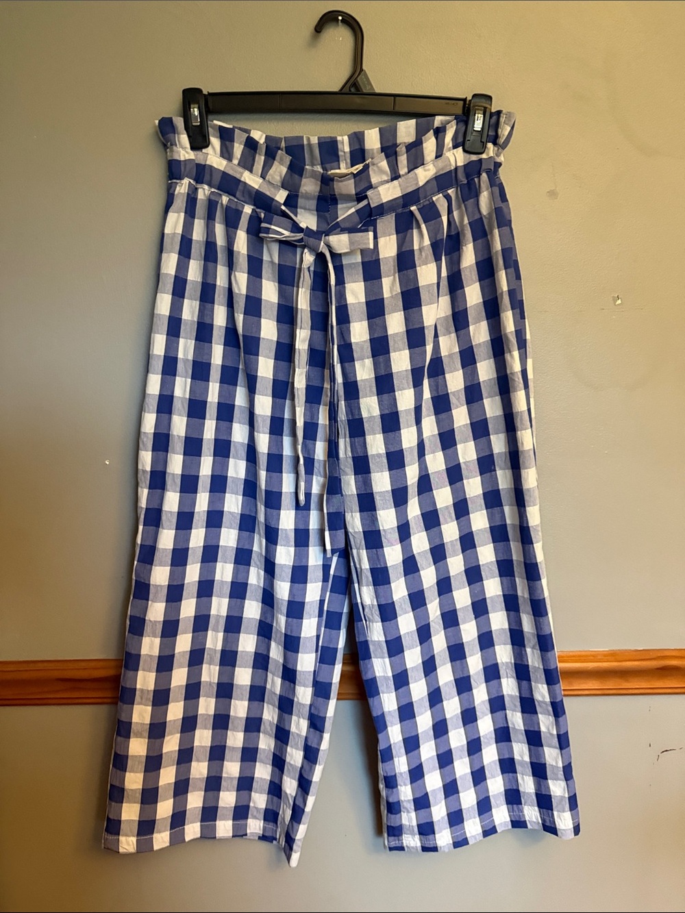Joie Wide Leg Gingham cotton blend  Paperbag Waist Pants - Blue & White M